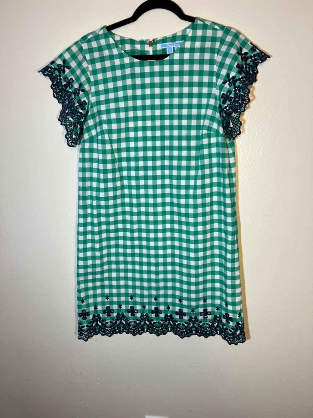 Draper James Green and White Gingham Cotton Dress Navy Eyelet Lace Trim Size 6